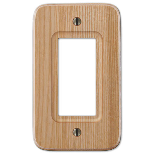 Natural oak wood dimmer wallplate showcasing a smooth surface with visible grain patterns and a warm, light-toned finish.