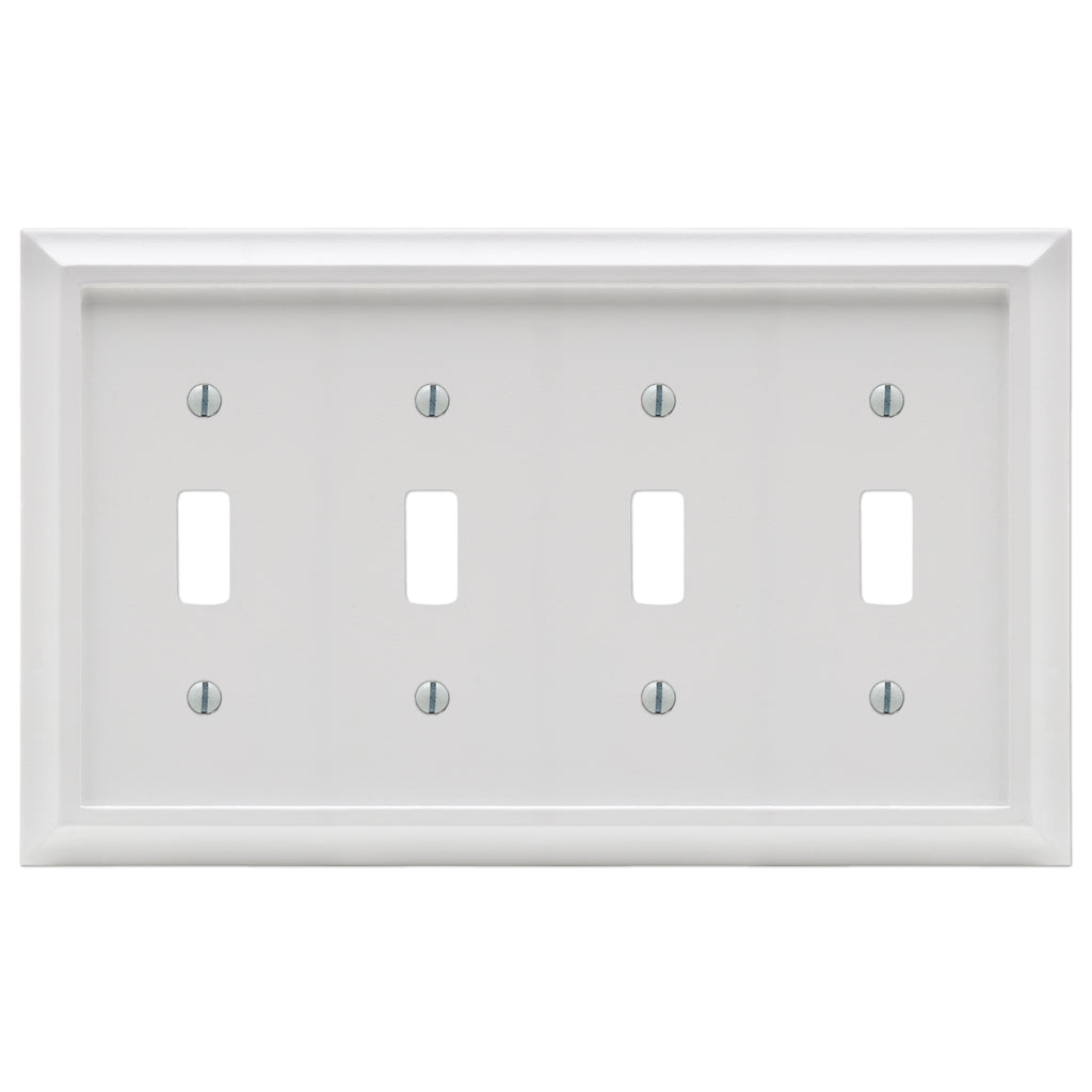 Dawson white quadruple light switch cover with a clean, smooth finish in crisp white. The cover features a simple, modern design with soft edges, complementing a variety of decor styles from contemporary to classic.