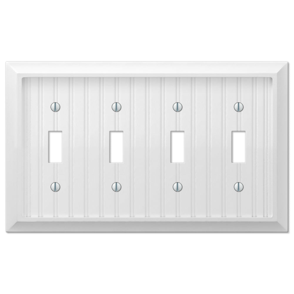 White cottage-style quadruple light switch wallplate showcasing a charming, textured finish with a soft, creamy hue. The understated elegance and warm, inviting design add a rustic touch, making it an ideal choice for cozy cottage and farmhouse decor styles.