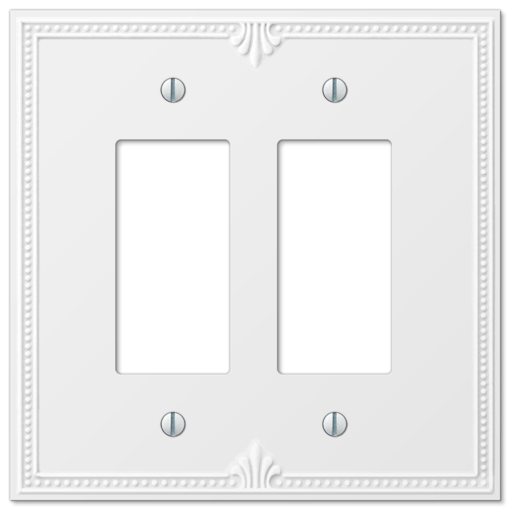 Close-up of a Richmond-style white double dimmer wallplate by Amerelle, featuring a clean, classic design with smooth edges and a glossy finish.