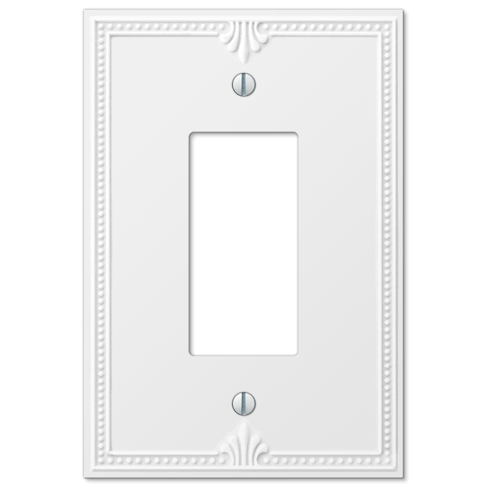 Close-up of a Richmond-style white dimmer wallplate by Amerelle, featuring a clean, classic design with smooth edges and a glossy finish.