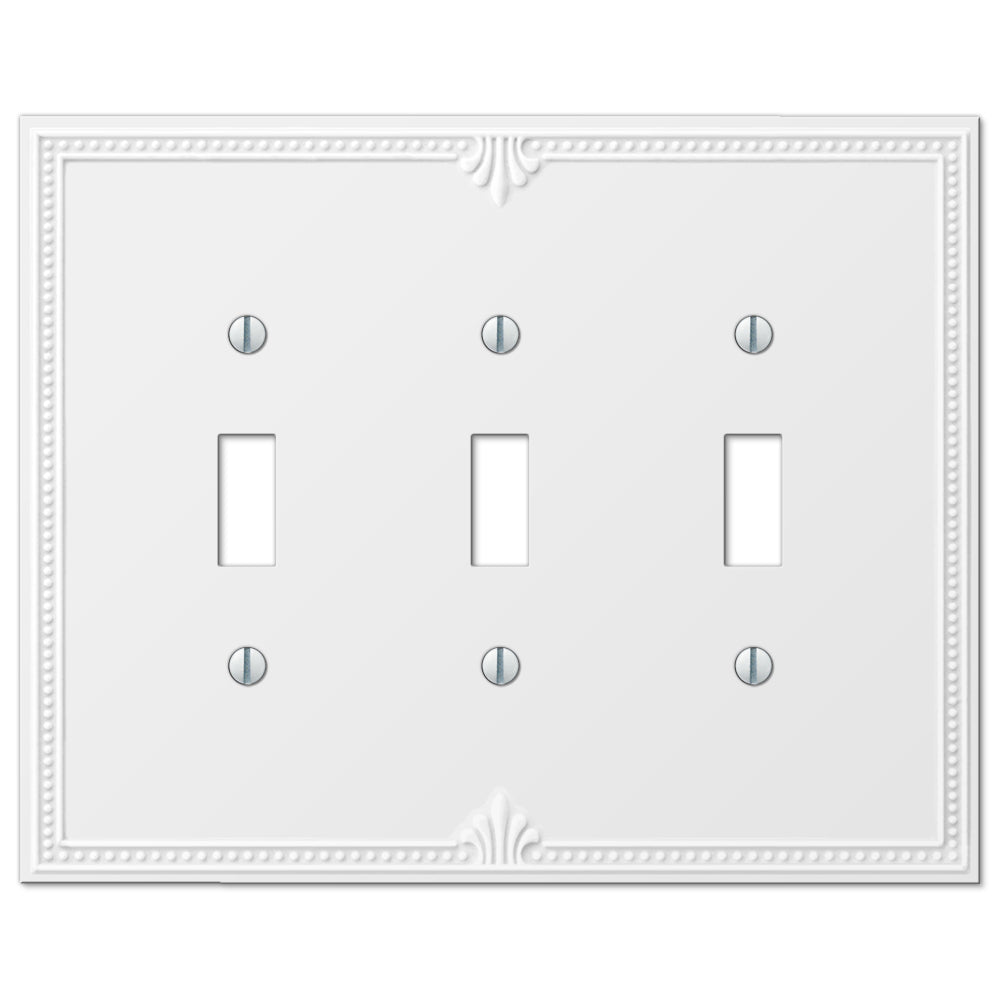 Close-up of a Richmond-style white triple light switch wallplate by Amerelle, featuring a clean, classic design with smooth edges and a glossy finish.
