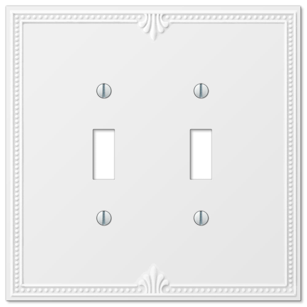 Close-up of a Richmond-style white double light switch cover by Amerelle, featuring a clean, classic design with smooth edges and a glossy finish.