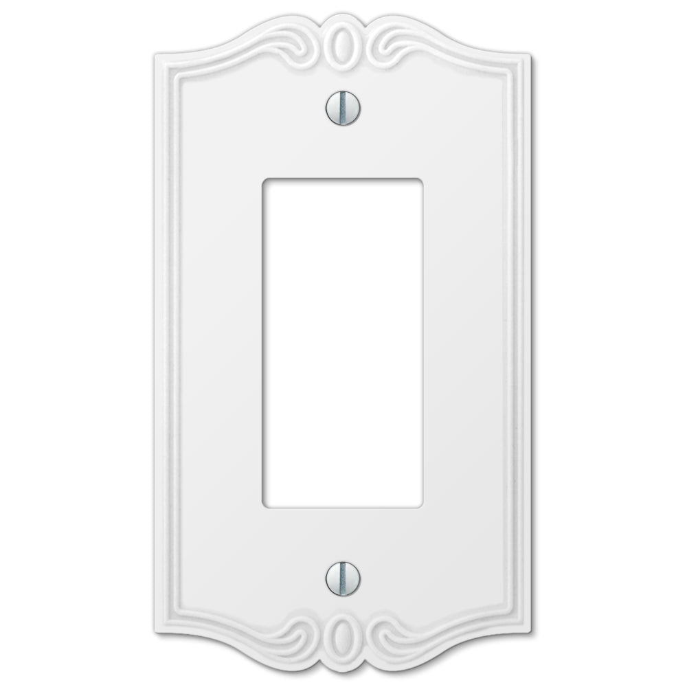 white cottage-style dimmer switch cover with a classic, rustic design and a smooth finish, adding a charming, vintage touch to the room