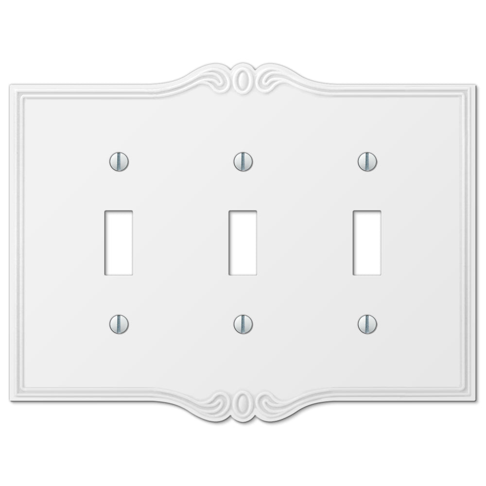 white cottage-style triple light switch cover with a classic, rustic design and a smooth finish, adding a charming, vintage touch to the room