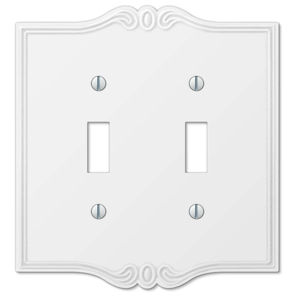 white cottage-style double light switch cover with a classic, rustic design and a smooth finish, adding a charming, vintage touch to the room
