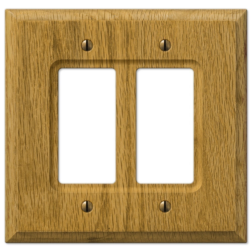 double dimmer switch cover made of natural oak wood with a smooth, polished surface and visible wood grain, offering a warm, classic look to complement traditional or rustic interiors