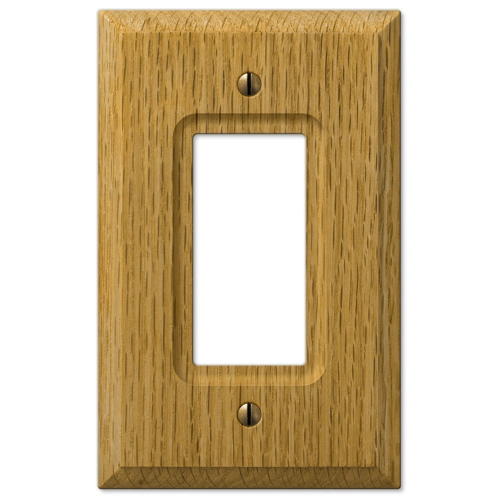 dimmer switch cover made of natural oak wood with a smooth, polished surface and visible wood grain, offering a warm, classic look to complement traditional or rustic interiors