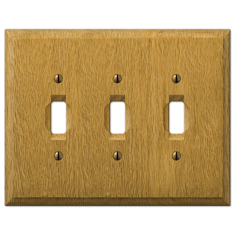 triple light switch cover made of natural oak wood with a smooth, polished surface and visible wood grain, offering a warm, classic look to complement traditional or rustic interiors