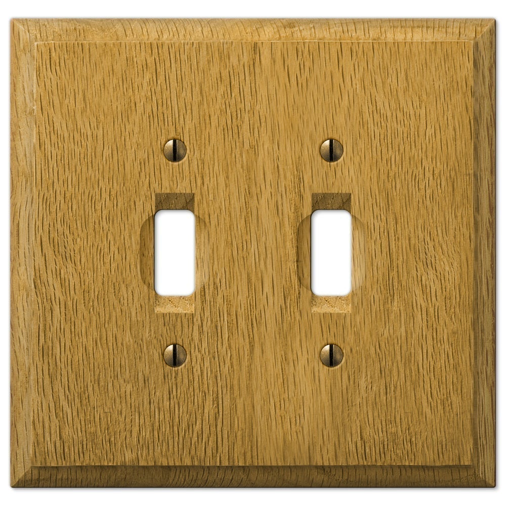double light switch cover made of natural oak wood with a smooth, polished surface and visible wood grain, offering a warm, classic look to complement traditional or rustic interiors