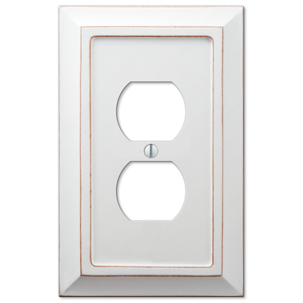 Savannah - Distressed White outlet wallplate with a gently aged, rustic wood finish, offering a unique character and oversized design to cover drywall imperfections or larger cutouts, adding charm to any room.