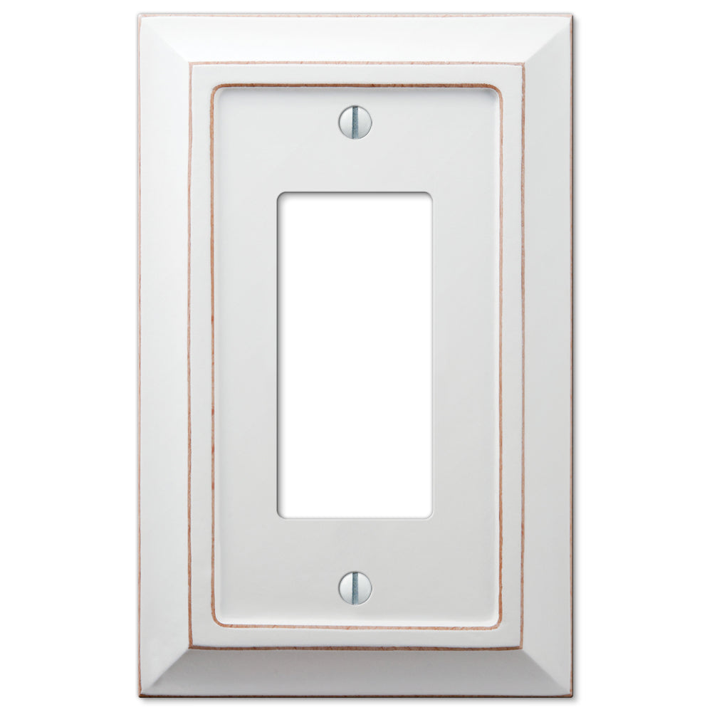 Savannah - Distressed White dimmer wallplate with a gently aged, rustic wood finish, offering a unique character and oversized design to cover drywall imperfections or larger cutouts, adding charm to any room.