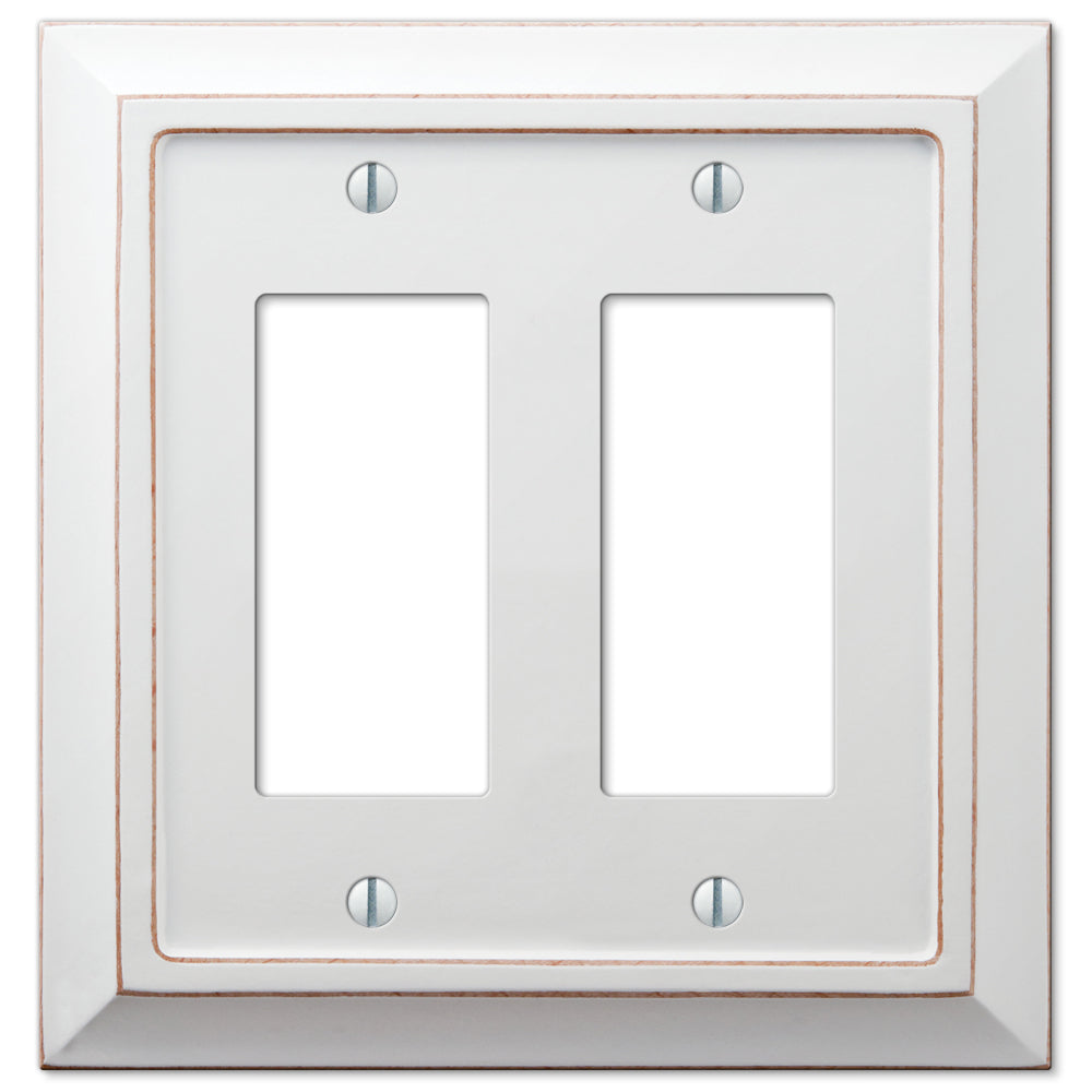 Savannah - Distressed White double dimmer wallplate with a gently aged, rustic wood finish, offering a unique character and oversized design to cover drywall imperfections or larger cutouts, adding charm to any room.