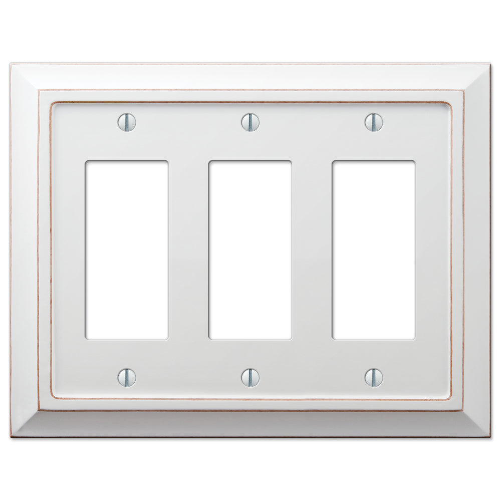 Savannah - Distressed White triple dimmer wallplate with a gently aged, rustic wood finish, offering a unique character and oversized design to cover drywall imperfections or larger cutouts, adding charm to any room.