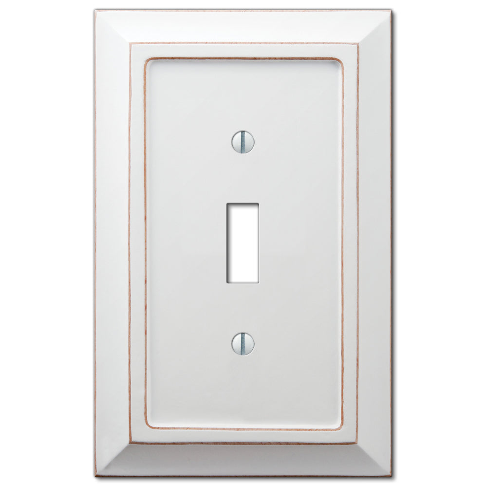 Distressed White Savannah Wallplate with a gently aged, rustic wood finish, offering a unique character and oversized design to cover drywall imperfections or larger cutouts, adding charm to any room.