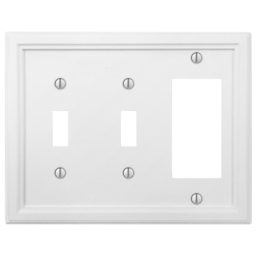 A white double light switch and dimmer wallplate from the Elly collection, showcasing a smooth, matte finish with clean, minimalist lines that enhance its classic charm. The crisp white surface offers a fresh and timeless look, seamlessly blending with any decor.