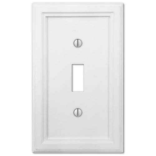 A white light switch wallplate from the Elly collection, showcasing a smooth, matte finish with clean, minimalist lines that enhance its classic charm. The crisp white surface offers a fresh and timeless look, seamlessly blending with any decor.