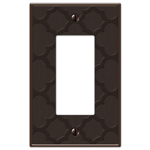 Tangier-style aged bronze dimmer wallplate featuring intricate Moroccan-inspired detailing and a rich, dark finish with warm undertones.