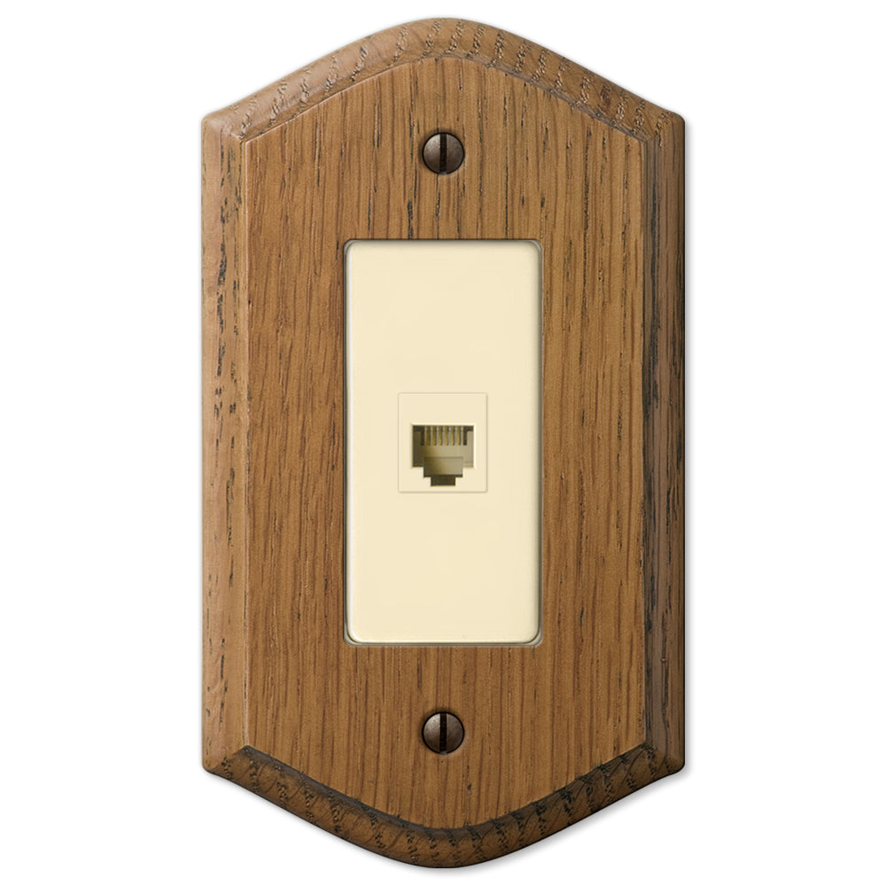 Country-style medium oak ethernet access wallplate with a warm, natural wood grain and slightly weathered finish. The rustic charm and cozy, lived-in feel make it an ideal accent for country, farmhouse, and vintage-inspired decor styles.