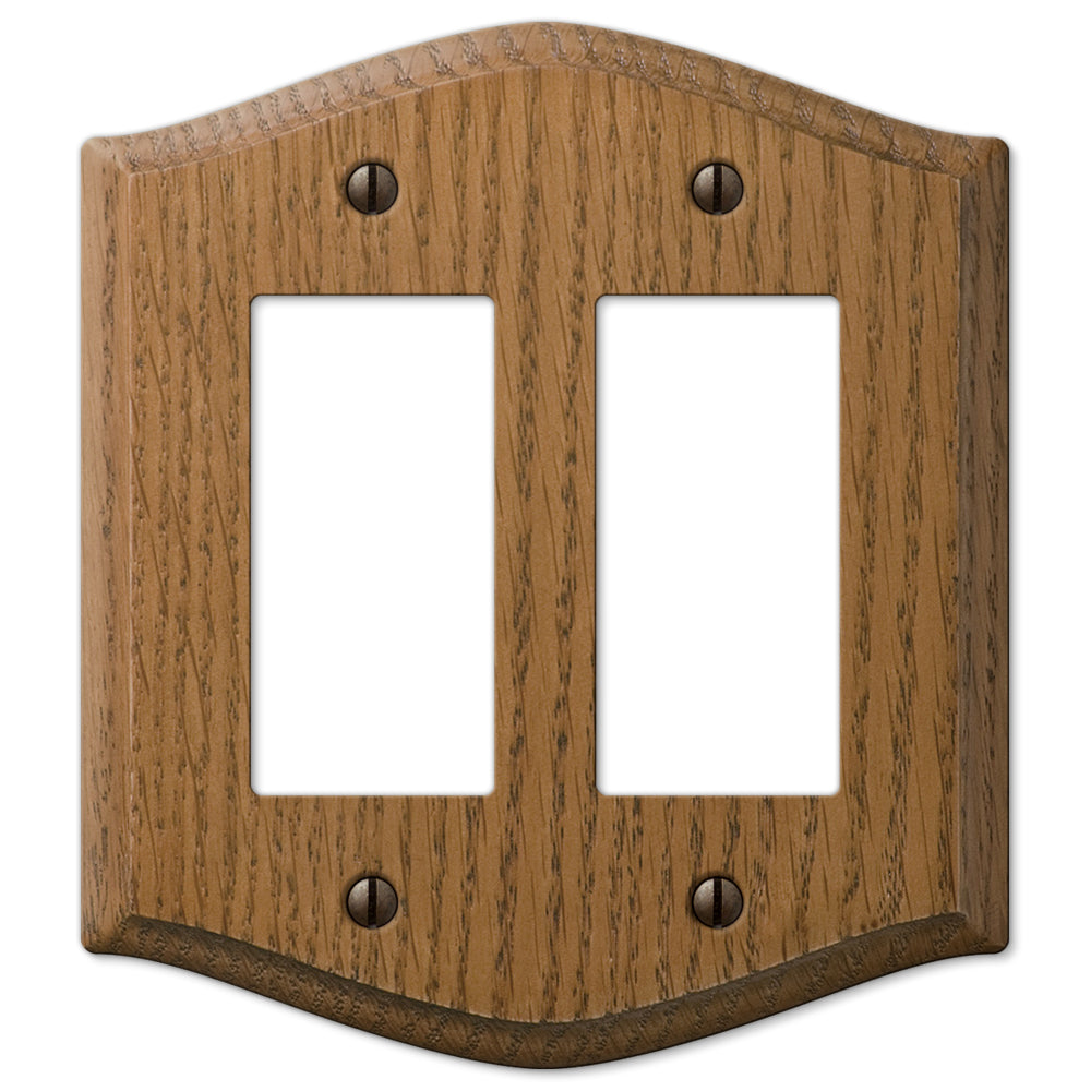 Country-style medium oak double dimmer wallplate with a warm, natural wood grain and slightly weathered finish. The rustic charm and cozy, lived-in feel make it an ideal accent for country, farmhouse, and vintage-inspired decor styles.