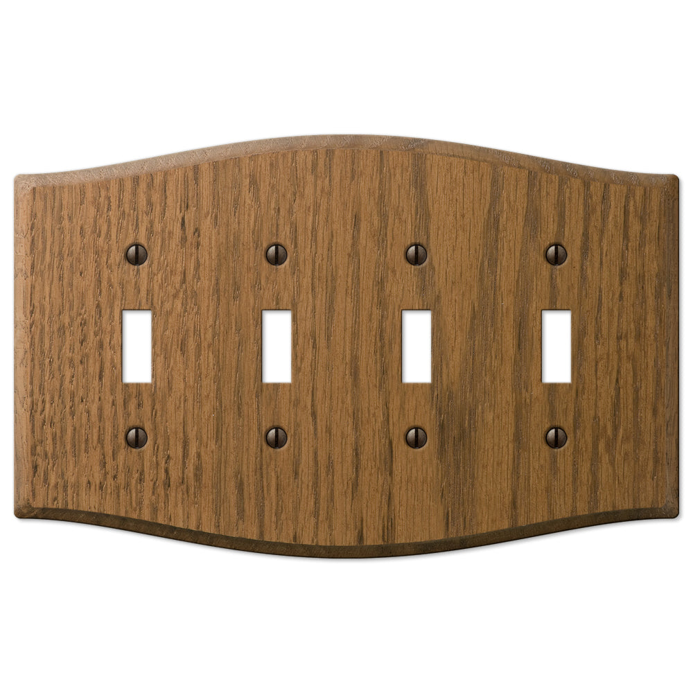 Country-style medium oak quadruple light switch wallplate with a warm, natural wood grain and slightly weathered finish. The rustic charm and cozy, lived-in feel make it an ideal accent for country, farmhouse, and vintage-inspired decor styles.