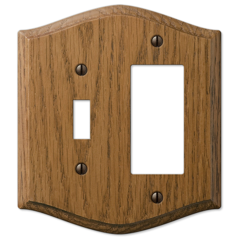 Country-style medium oak light switch and dimmer wallplate with a warm, natural wood grain and slightly weathered finish. The rustic charm and cozy, lived-in feel make it an ideal accent for country, farmhouse, and vintage-inspired decor styles.