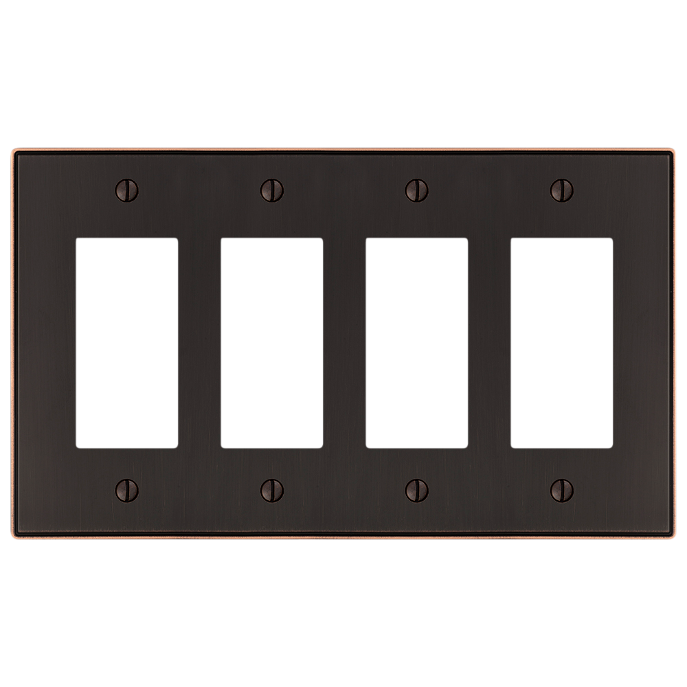 The Halle aged bronze quadruple dimmer wallplate features a sophisticated design with smooth edges and a warm, dark bronze finish, perfect for adding a subtle touch of classic charm to traditional or transitional spaces.