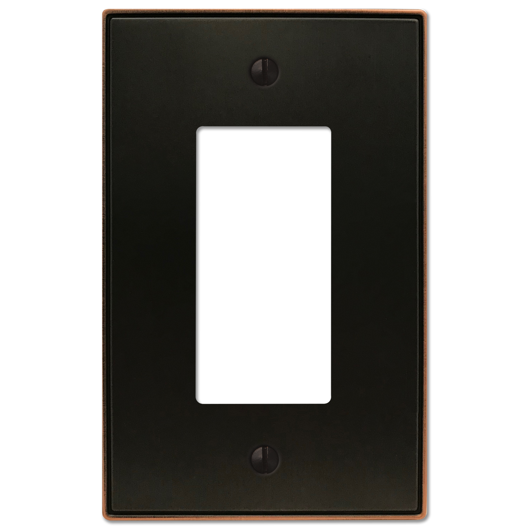 The Halle aged bronze dimmer wallplate features a sophisticated design with smooth edges and a warm, dark bronze finish, perfect for adding a subtle touch of classic charm to traditional or transitional spaces.