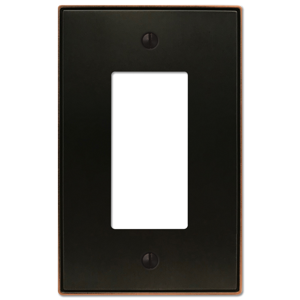 The Halle aged bronze dimmer wallplate features a sophisticated design with smooth edges and a warm, dark bronze finish, perfect for adding a subtle touch of classic charm to traditional or transitional spaces.