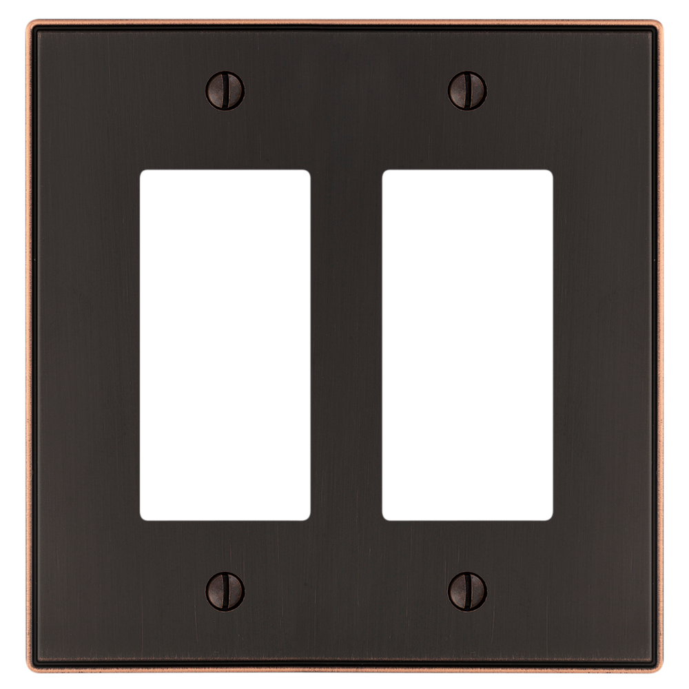 The Halle aged bronze double dimmer wallplate features a sophisticated design with smooth edges and a warm, dark bronze finish, perfect for adding a subtle touch of classic charm to traditional or transitional spaces.