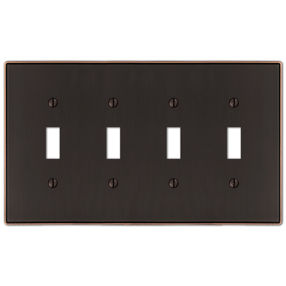 The Halle aged bronze quadruple light switch cover features a sophisticated design with smooth edges and a warm, dark bronze finish, perfect for adding a subtle touch of classic charm to traditional or transitional spaces.
