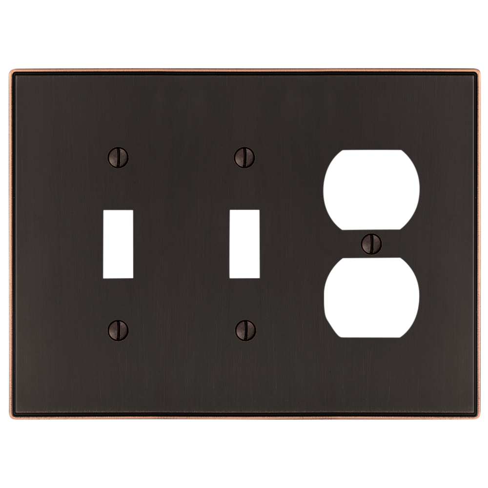 The Halle aged bronze double light switch and outlet wallplate features a sophisticated design with smooth edges and a warm, dark bronze finish, perfect for adding a subtle touch of classic charm to traditional or transitional spaces.