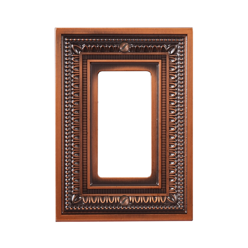 Filigree border antique copper dimmer wallplate featuring a delicate, decorative border design with a rich copper finish, adding warmth and a touch of vintage elegance to any space.