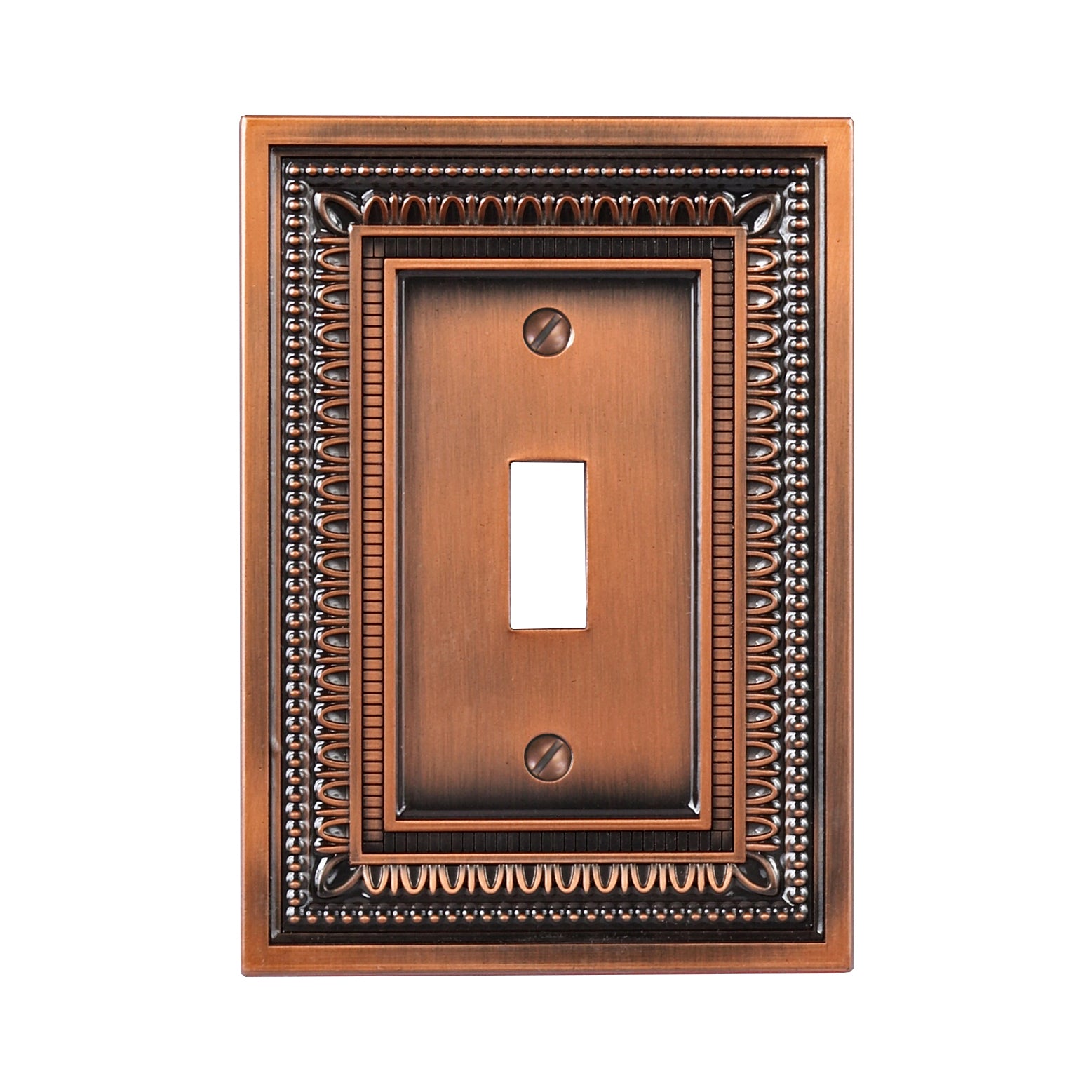 Filigree border antique copper wallplate featuring a delicate, decorative border design with a rich copper finish, adding warmth and a touch of vintage elegance to any space.