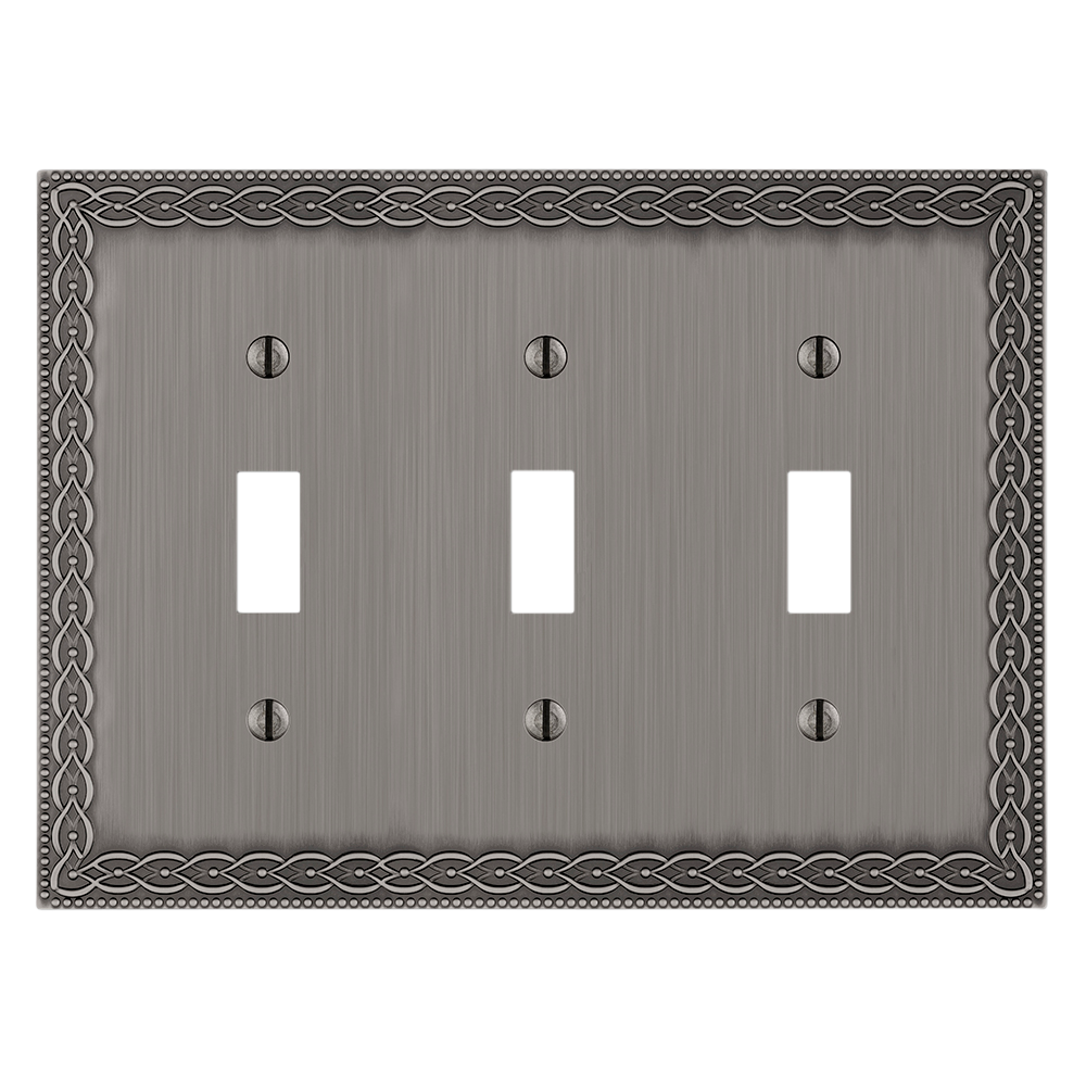 Antique nickel triple light switch cover featuring a brushed metallic finish with a vintage, decorative design, adding an elegant, timeless touch to the space.