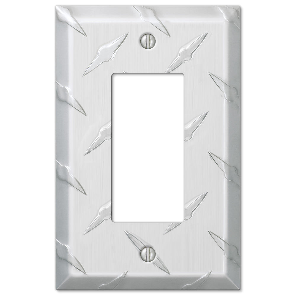 Chrome dimmer wallplate with a shiny, reflective chrome finish featuring a textured diamond plate pattern. The cover has clean edges and a bold, industrial look, perfect for adding a modern, edgy touch to contemporary or industrial-themed spaces.