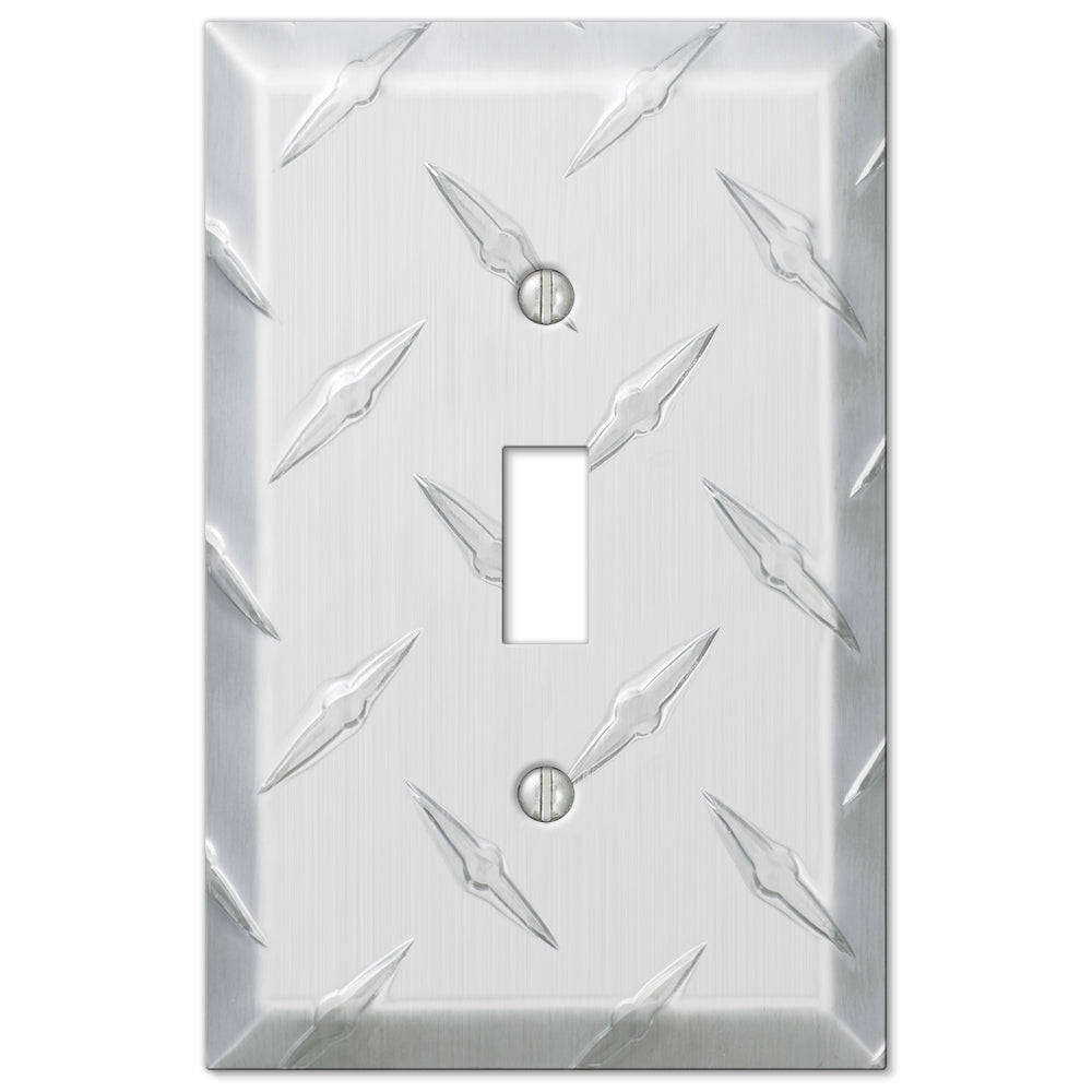 Chrome light switch wallplate with a shiny, reflective chrome finish featuring a textured diamond plate pattern. The cover has clean edges and a bold, industrial look, perfect for adding a modern, edgy touch to contemporary or industrial-themed spaces.