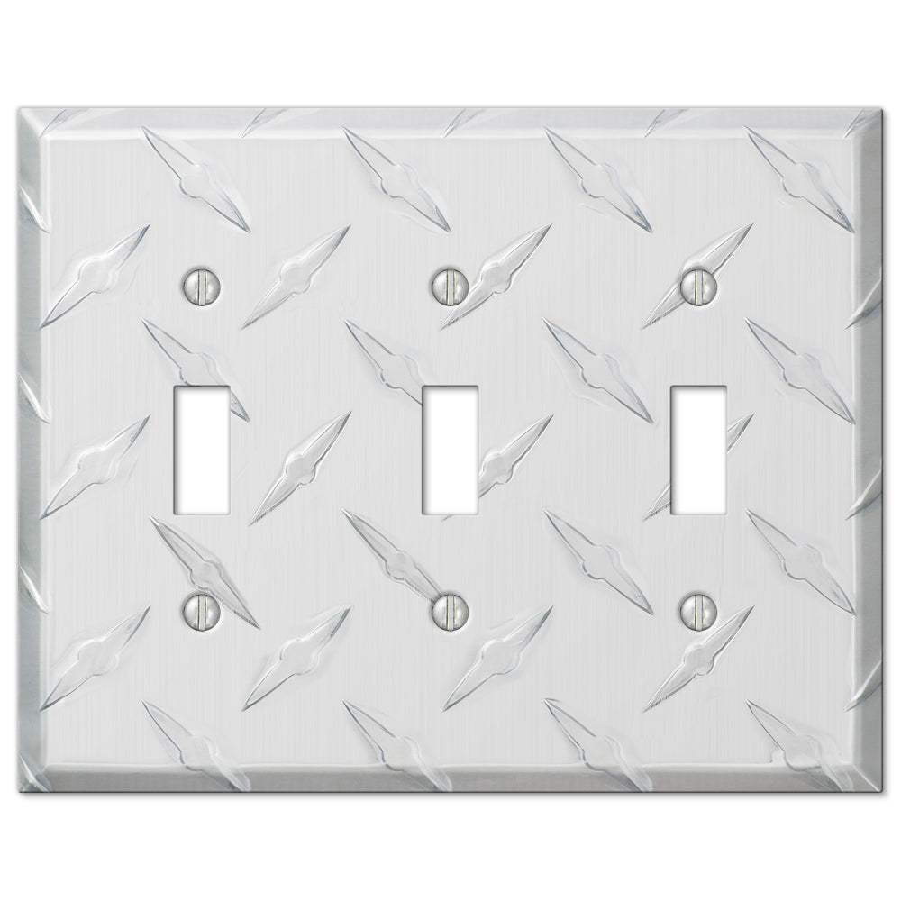 Chrome triple light switch wallplate with a shiny, reflective chrome finish featuring a textured diamond plate pattern. The cover has clean edges and a bold, industrial look, perfect for adding a modern, edgy touch to contemporary or industrial-themed spaces.