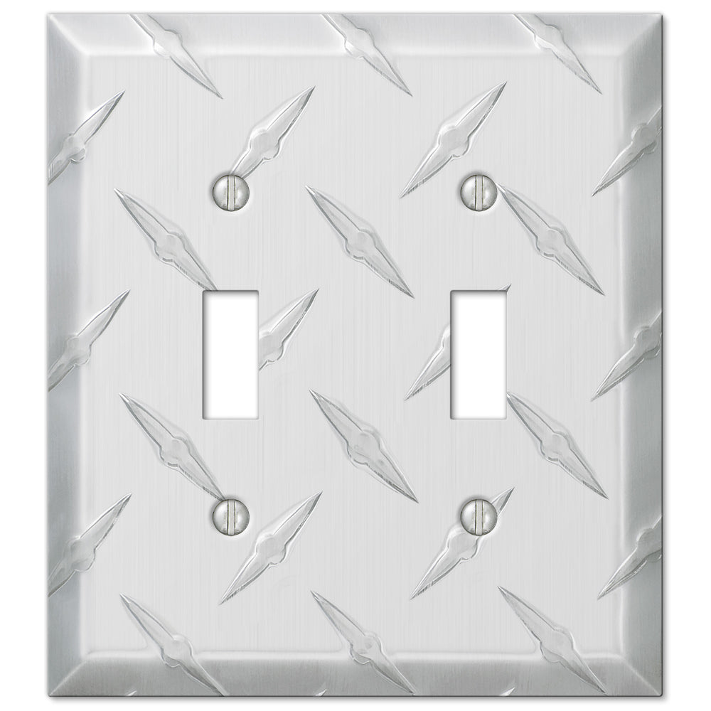 Chrome double light switch wallplate with a shiny, reflective chrome finish featuring a textured diamond plate pattern. The cover has clean edges and a bold, industrial look, perfect for adding a modern, edgy touch to contemporary or industrial-themed spaces.